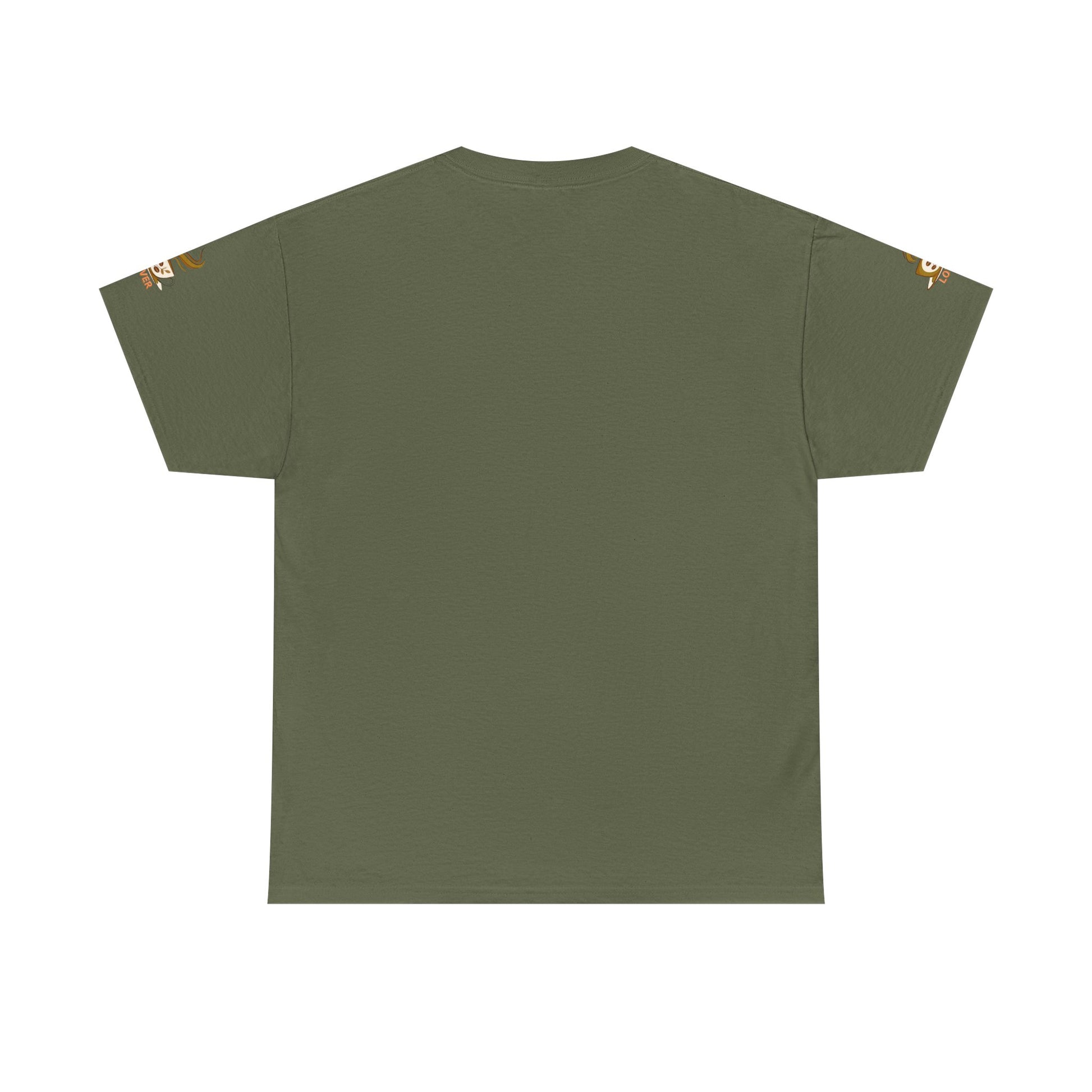 Green t-shirt with brand logos on sleeves against a white background