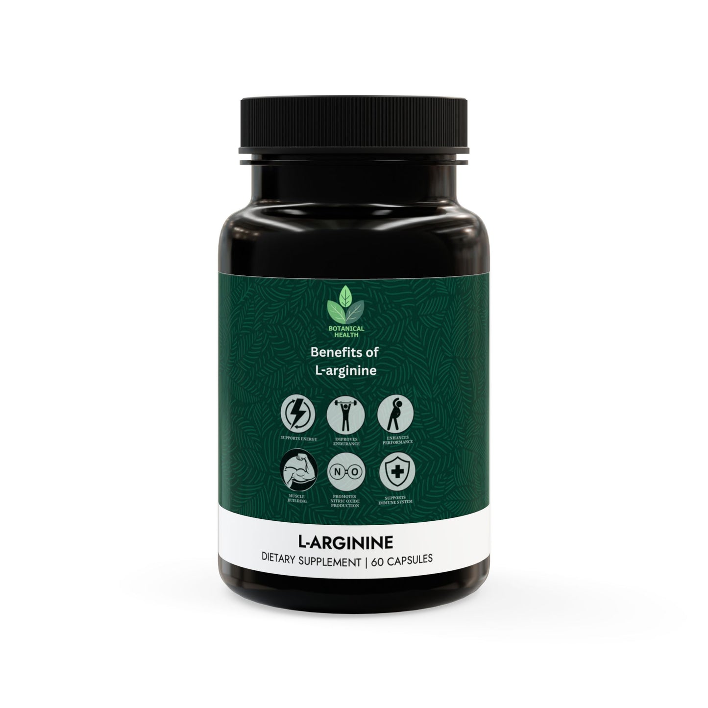 Supplement bottle labeled 'Benefits of L-Arginine' on a white background
