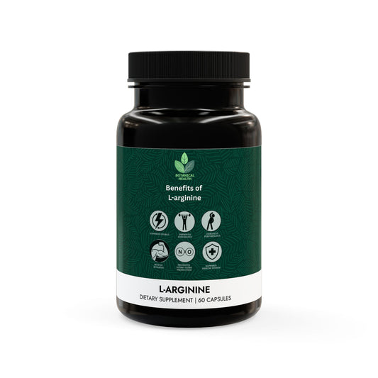 Supplement bottle labeled 'Benefits of L-Arginine' on a white background