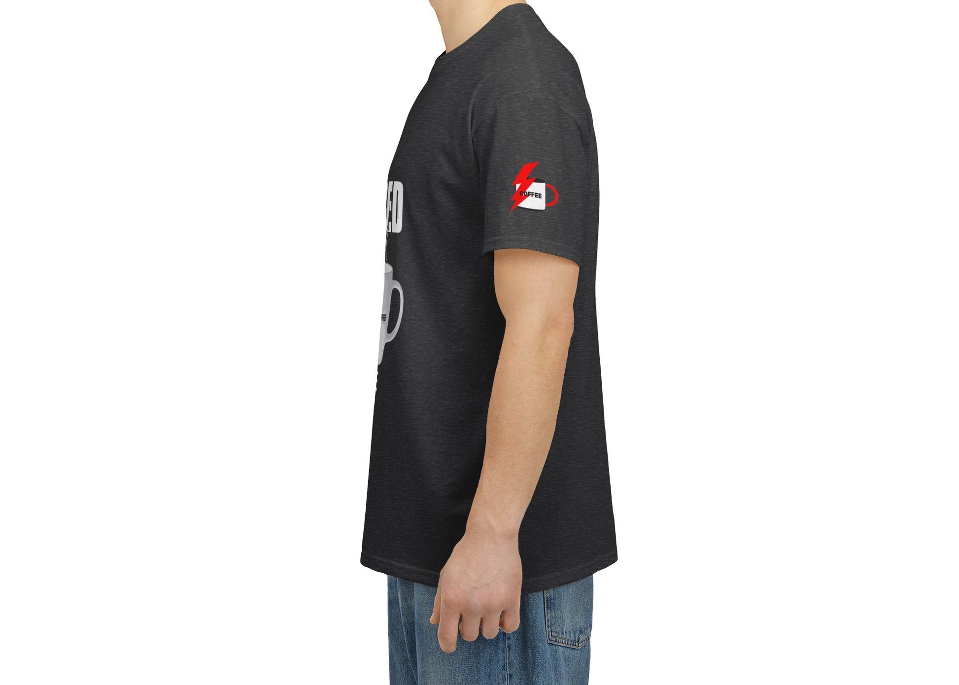 Coffee Lovers Cotton T-shirt - Powered by Coffee. Man wearing a black t-shirt with logos on a white background