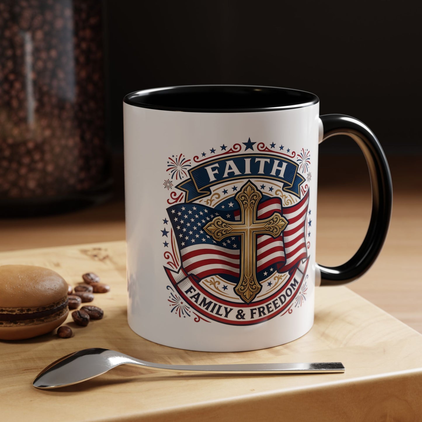 Faith, Family & Freedom Accent Coffee Mug — Patriotic Cross Mug  (USA 250th)
