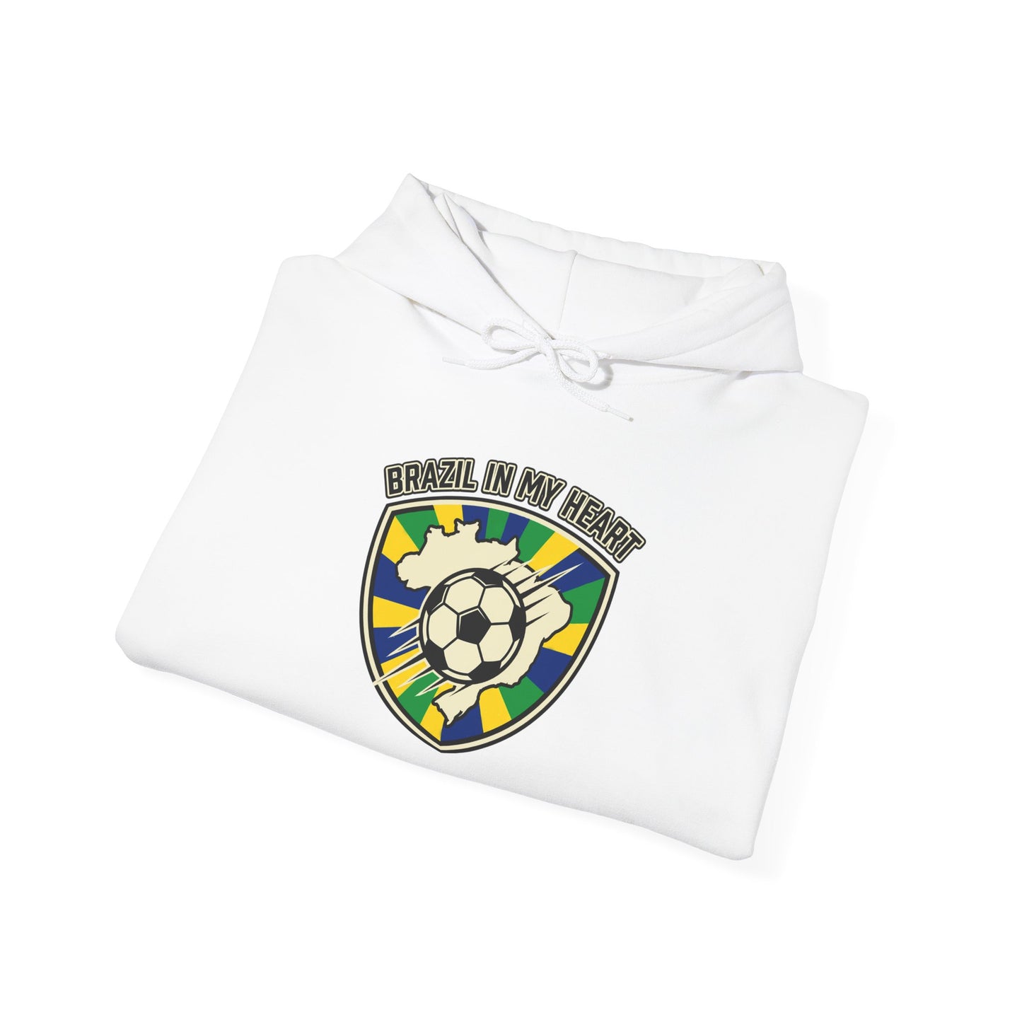 White shirt with 'Brazil in my heart' design featuring a soccer ball on a white background