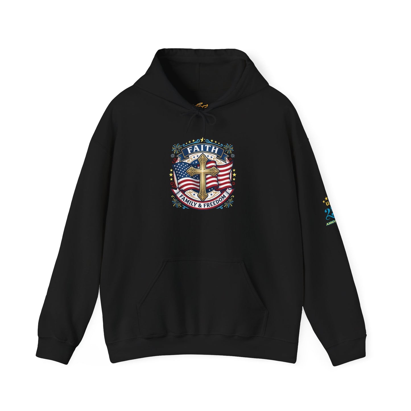Faith, Family & Freedom Hoodie — Patriotic Cross American Flag Sweatshirt (USA 250th)