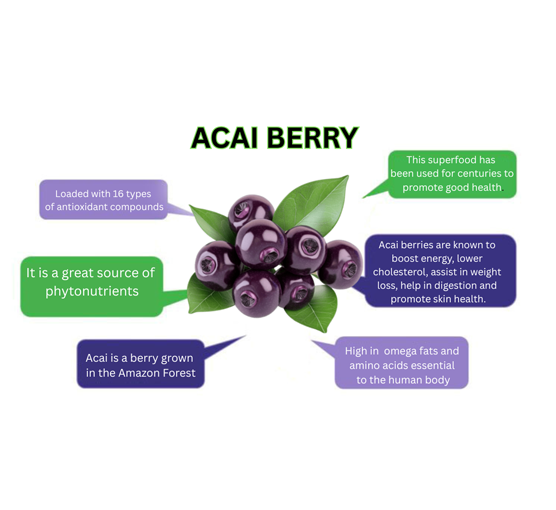 Acai berry graphic with health benefits on a white background, Acai Berry Complex Supplement 