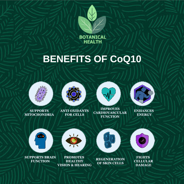 Diagram of the benefits of CoQ10 with icons and text on a green background.