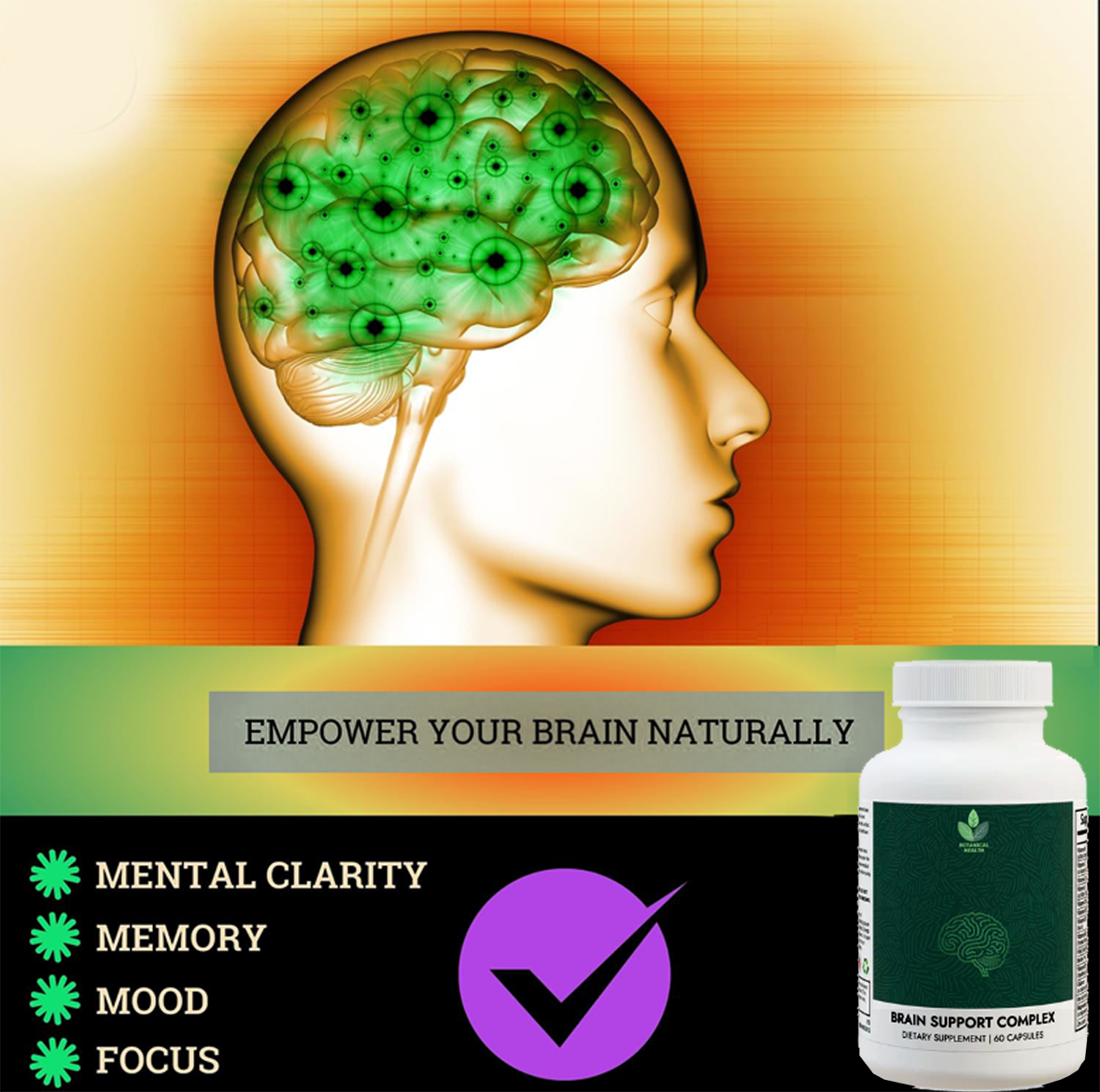 Brain supplement advertisement with a brain illustration and bottle on a colorful background. Brain Support Complex Supplement