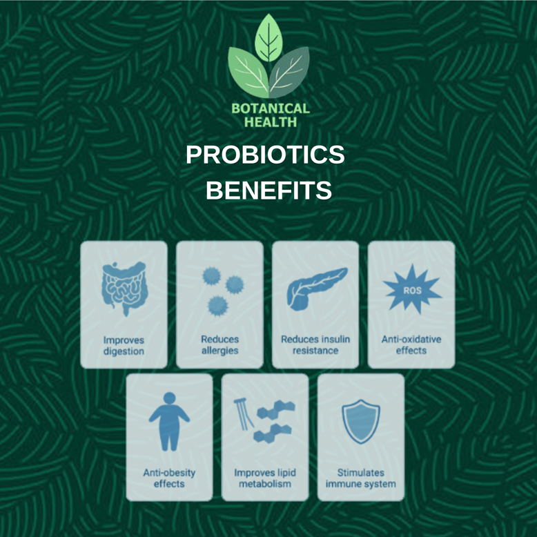 Probiotics Supplement ; Illustration of probiotics benefits with icons and text on a green patterned background