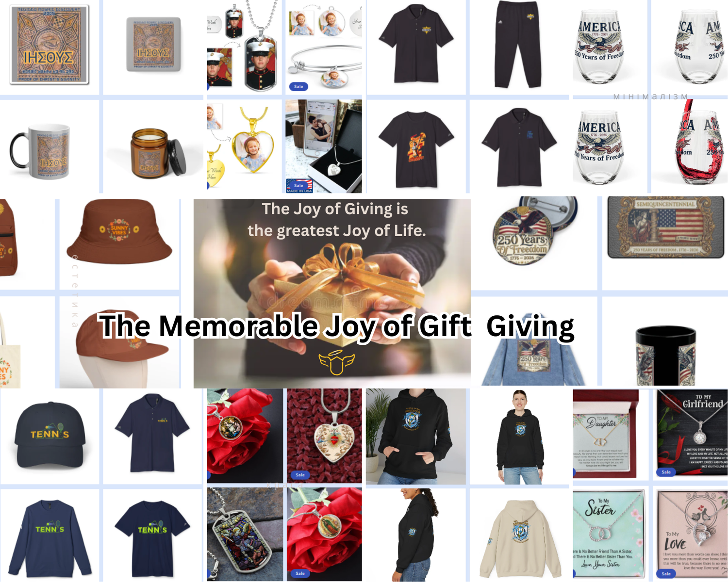 Collage of various gift items with text overlay 'The Joy of Giving is the greatest joy of life.'