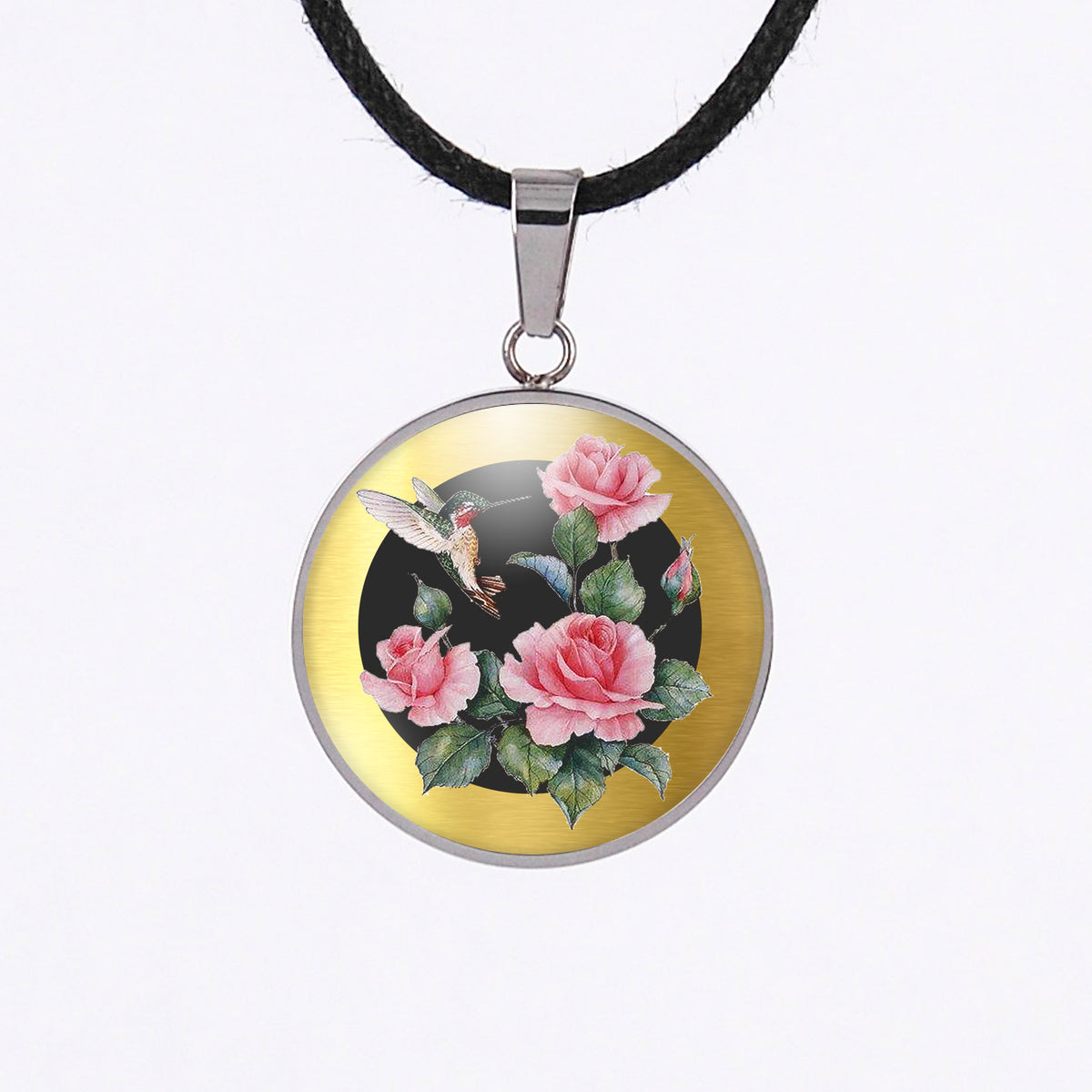 Unique Hummingbird and Roses Pendant Gold