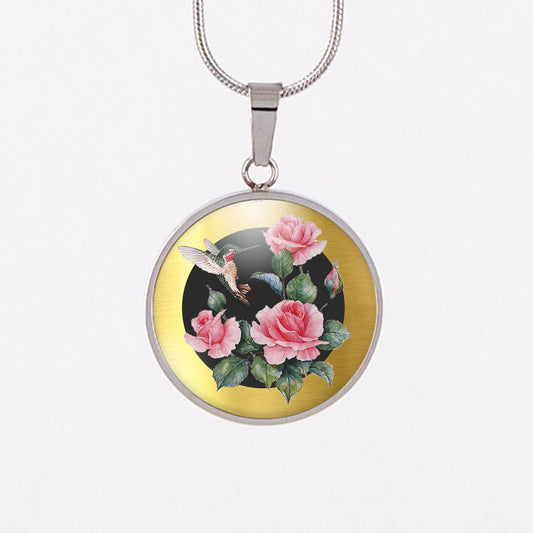 Unique Hummingbird and Roses Pendant Gold