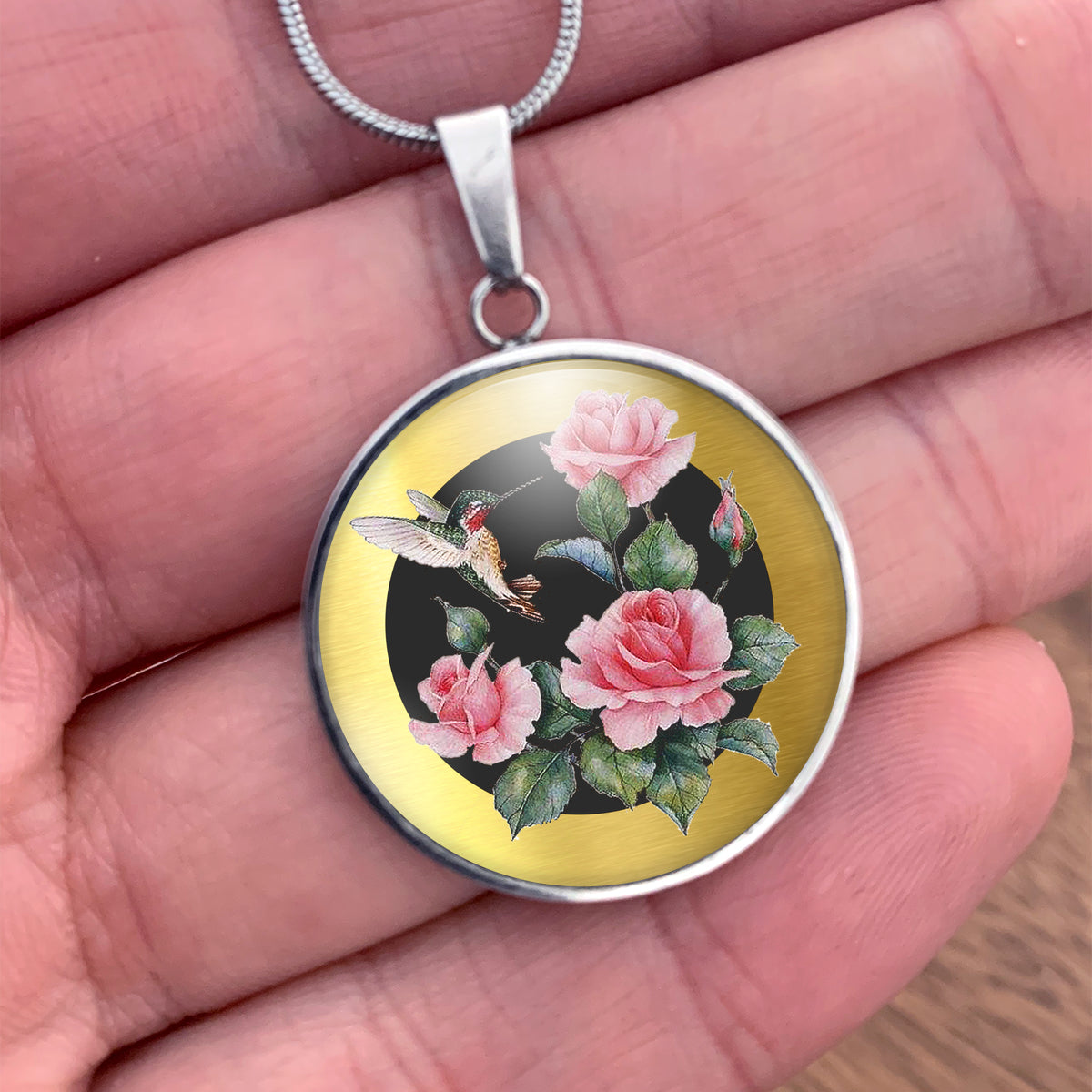 Unique Hummingbird and Roses Pendant Gold