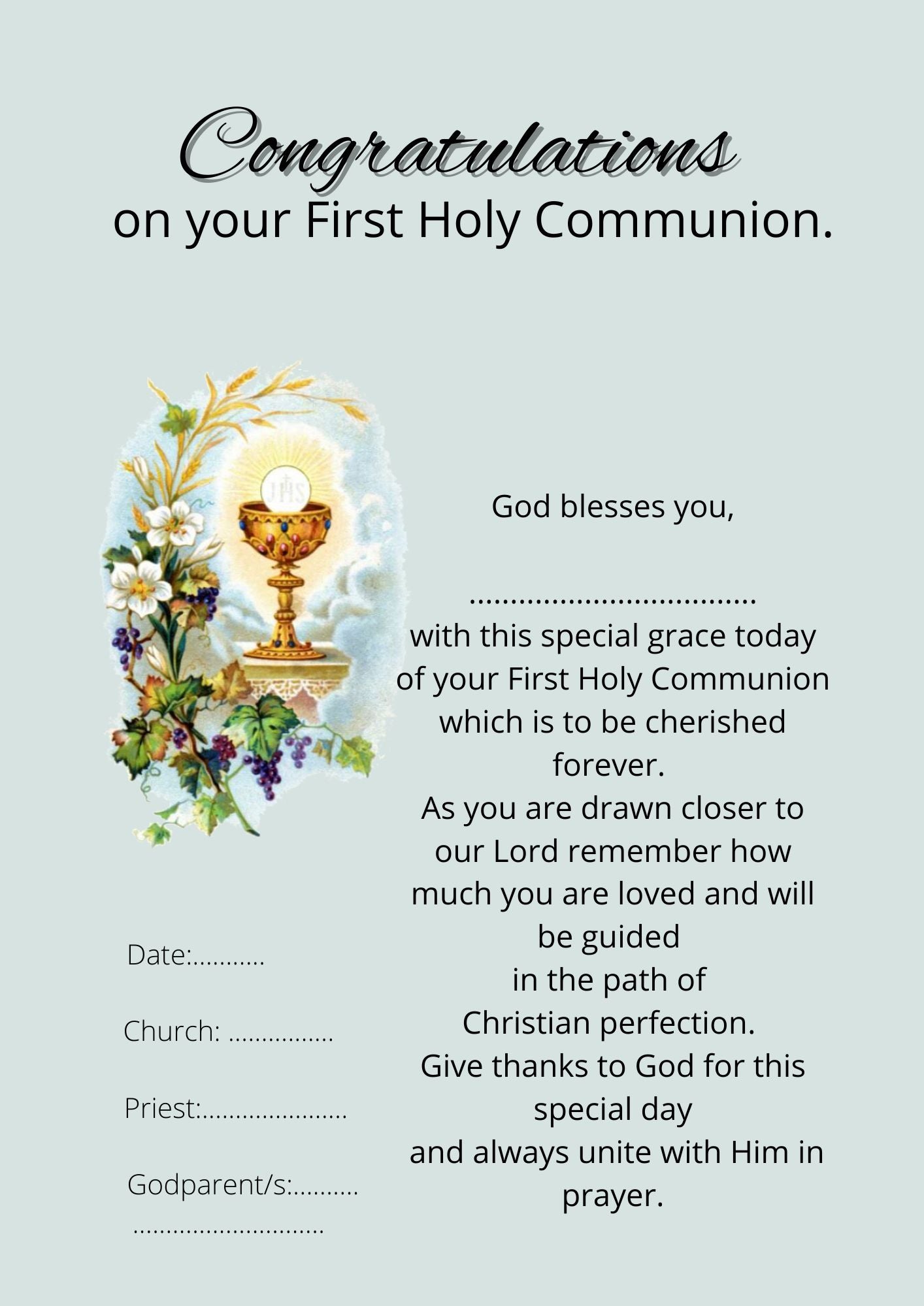 Holy Eucharist Heart Pendant, first communion card