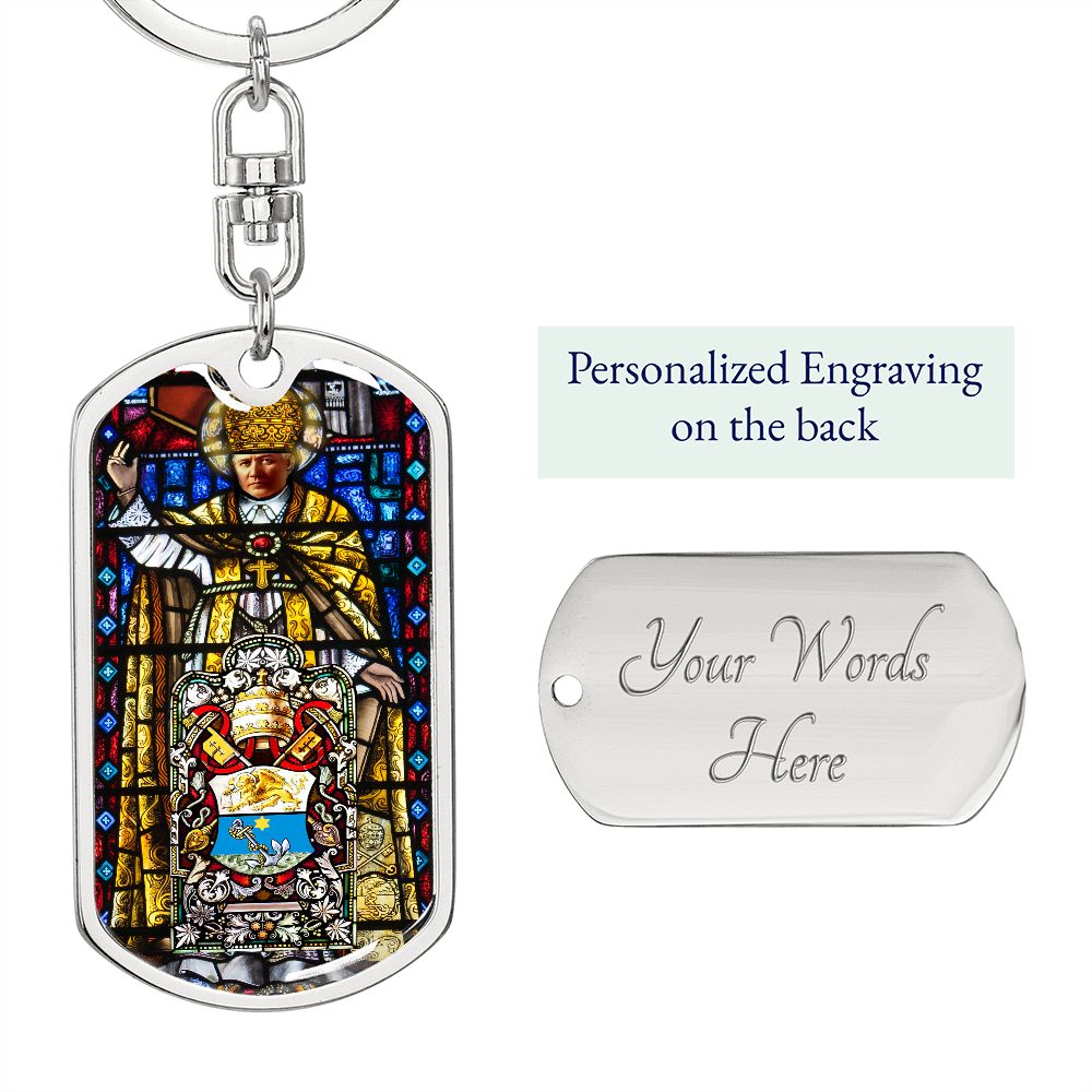 St. Pius X Medal dog tag Keychain with custom engraving