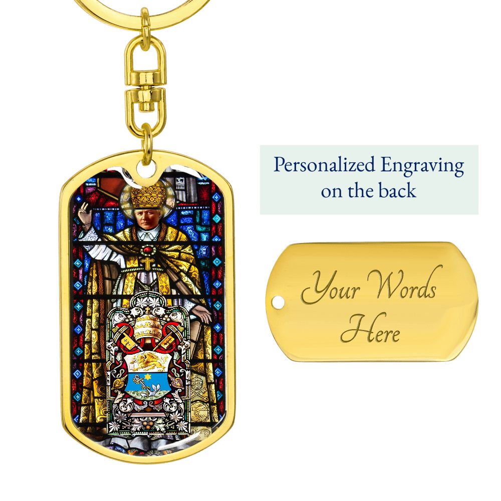 St. Pius X Medal dog tag Keychain with custom engraving