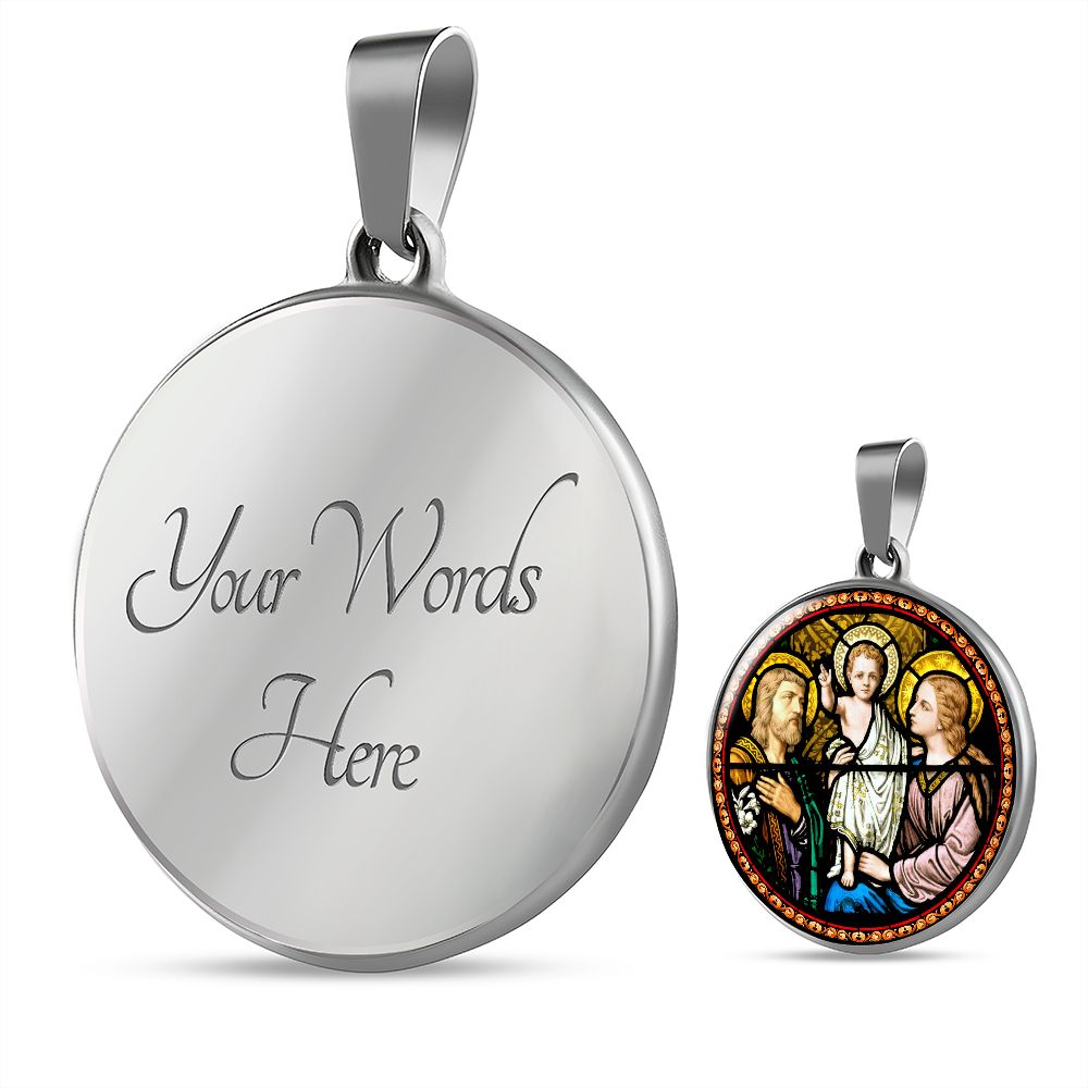 Holy Family Medal Stain Glass with custom engraving