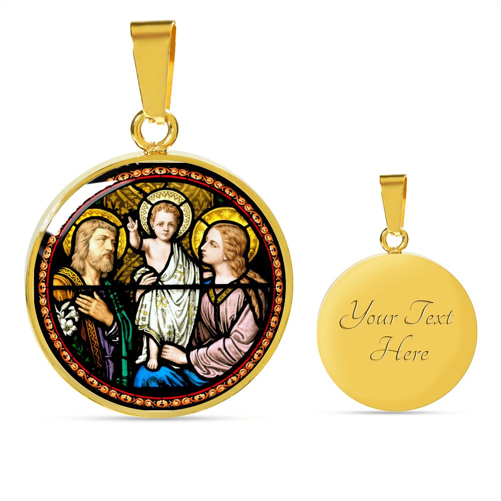 Holy Family Medal Stain Glass gold with custom engraving
