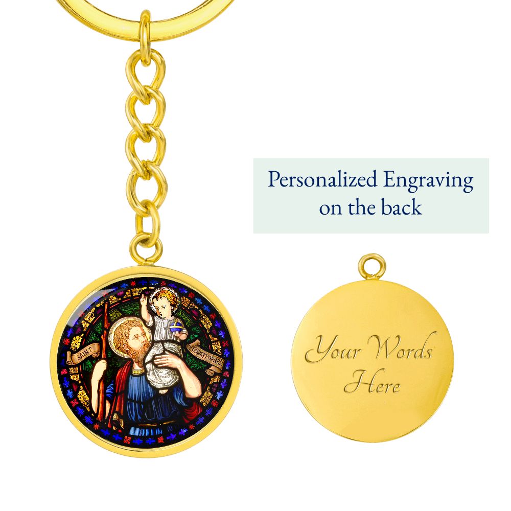 Saint Christopher's Circle Keychain gold with custom engraving