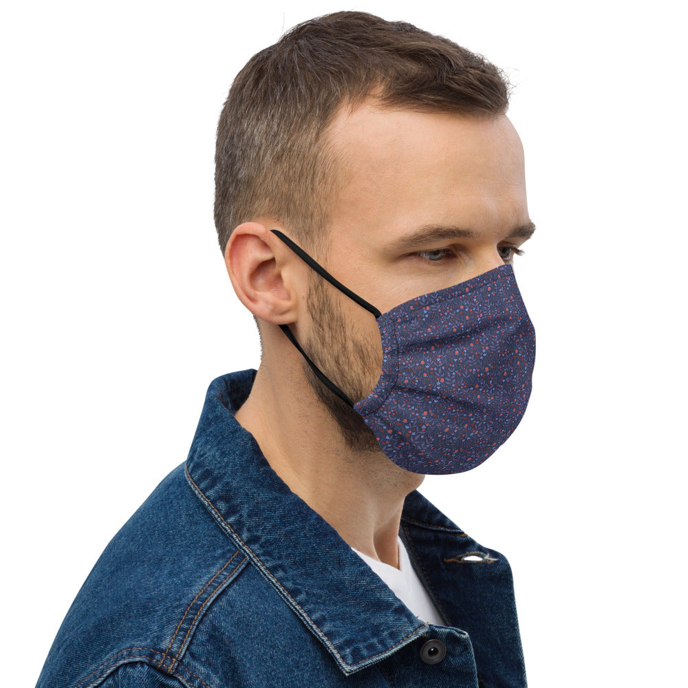 Blue Floral Print Premium Reusable Face Mask with Filter Pocket